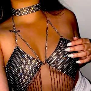 Sexy metal chain tassel rhinestone hollow sexy body chain (with necklaces)